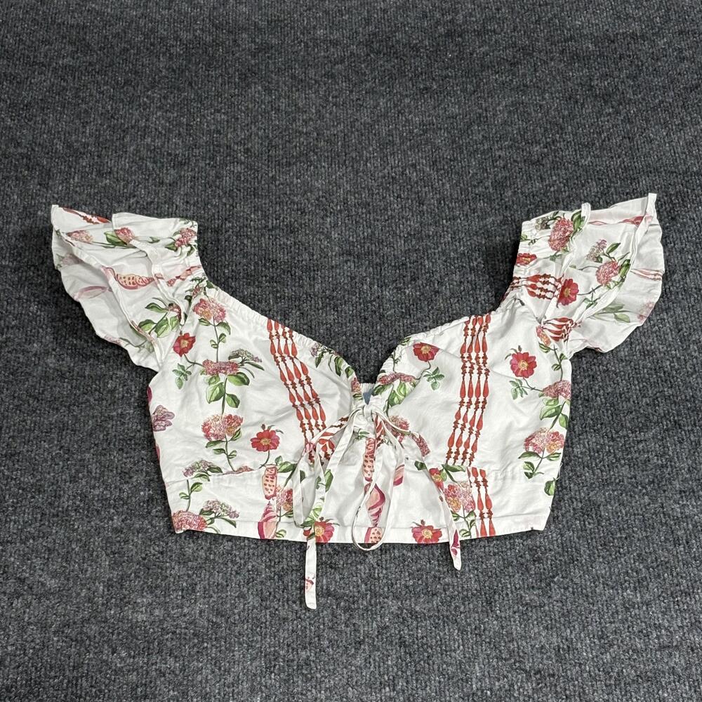 Hill House Top Womens Small White Floral Puff Sleeve Smocked Crop Blouse Cotton